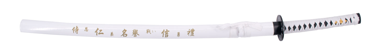 Katana 10037B de 102 cm, vaina blanca con inscripción, hoja de acero, mango con encordado blanco, con funda de nylon. Ref. 10037B