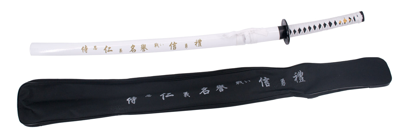 Katana 10037B de 102 cm, vaina blanca con inscripción, hoja de acero, mango con encordado blanco, con funda de nylon. Ref. 10037B