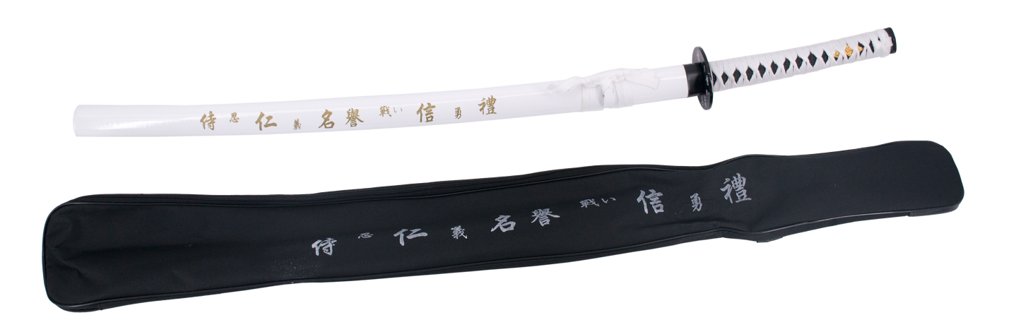 Katana 10037B de 102 cm, vaina blanca con inscripción, hoja de acero, mango con encordado blanco, con funda de nylon. Ref. 10037B