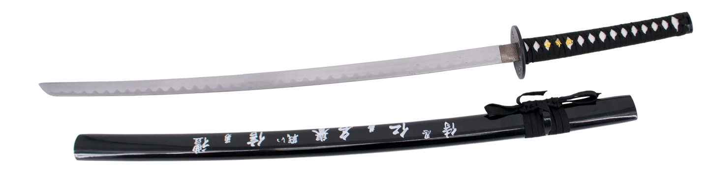 Katana 10037N de 102 cm, vaina negra con inscripción, hoja de acero, mango con encordado negro, con funda de nylon. Ref. 10037N