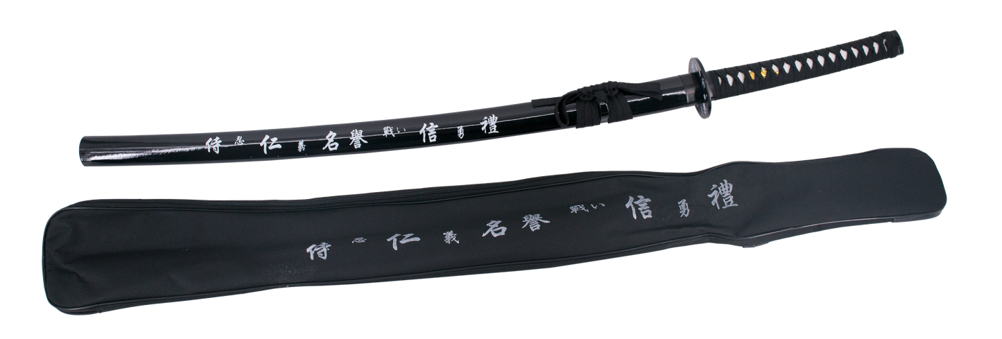 Katana 10037N de 102 cm, vaina negra con inscripción, hoja de acero, mango con encordado negro, con funda de nylon. Ref. 10037N