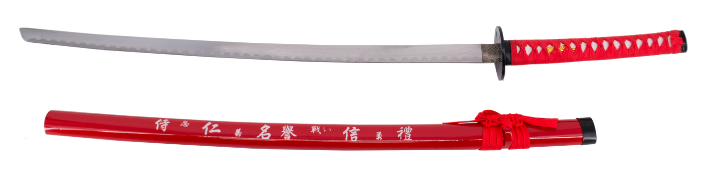 Katana 10037R de 102 cm, vaina roja con inscripción, hoja de acero, mango con encordado roja, con funda de nylon. Ref. 10037R