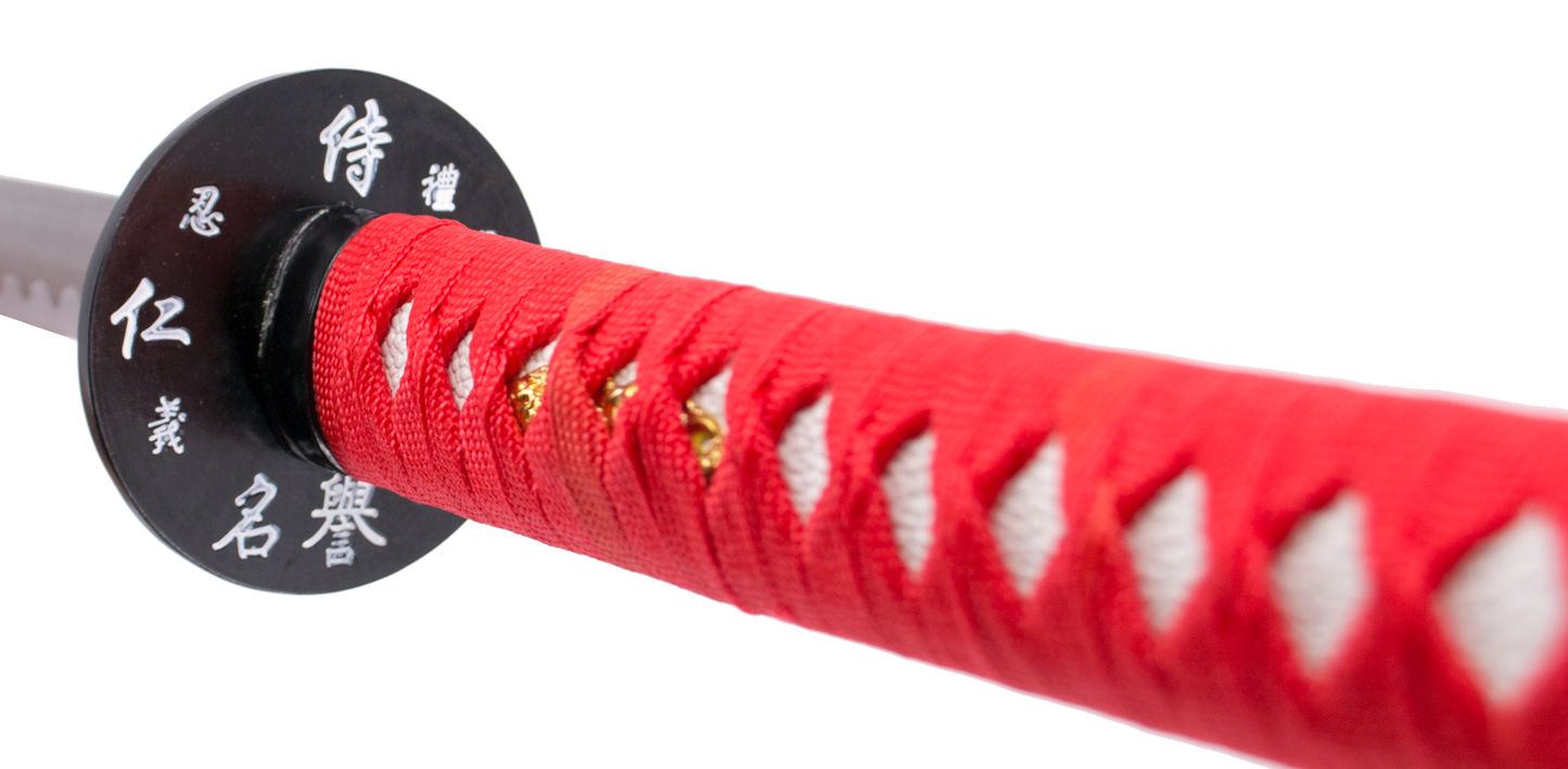 Katana 10037R de 102 cm, vaina roja con inscripción, hoja de acero, mango con encordado roja, con funda de nylon. Ref. 10037R