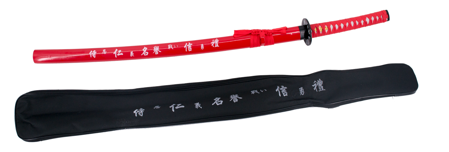 Katana 10037R de 102 cm, vaina roja con inscripción, hoja de acero, mango con encordado roja, con funda de nylon. Ref. 10037R