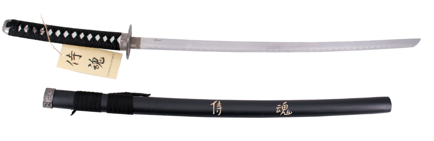 Katana 11002-1 "Espiritu" el último samurai vaina negra con grabado "Espiritu" de 101 cm hoja de acero, mango con encordado negro, con soporte. Ref. 11002-1