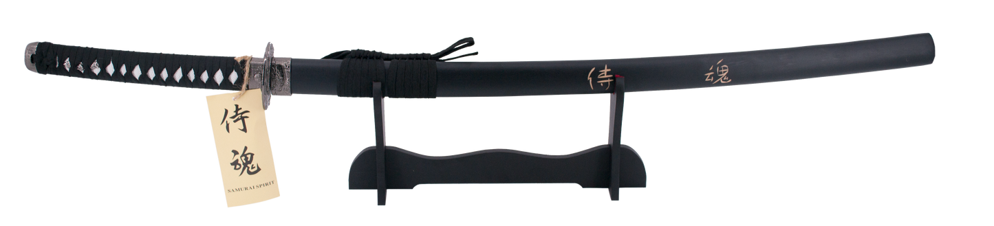 Katana 11002-1 "Espiritu" el último samurai vaina negra con grabado "Espiritu" de 101 cm hoja de acero, mango con encordado negro, con soporte. Ref. 11002-1