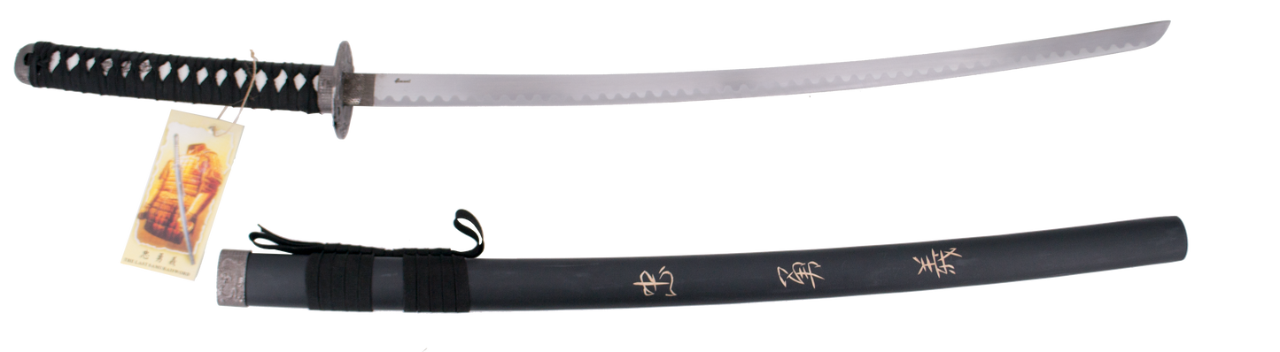 Katana 11002-3 "Corage, Deber y Lealtad" el último samurai vaina negra con grabado "Corage, Deber y Lealtad" de 101 cm hoja de acero, mango con encordado negro, con soporte. Ref. 11002-3