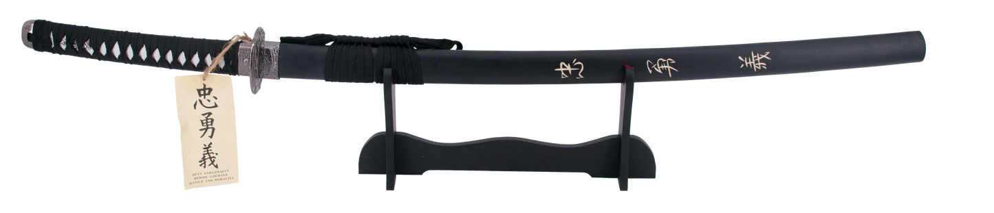 Katana 11002-3 "Corage, Deber y Lealtad" el último samurai vaina negra con grabado "Corage, Deber y Lealtad" de 101 cm hoja de acero, mango con encordado negro, con soporte. Ref. 11002-3