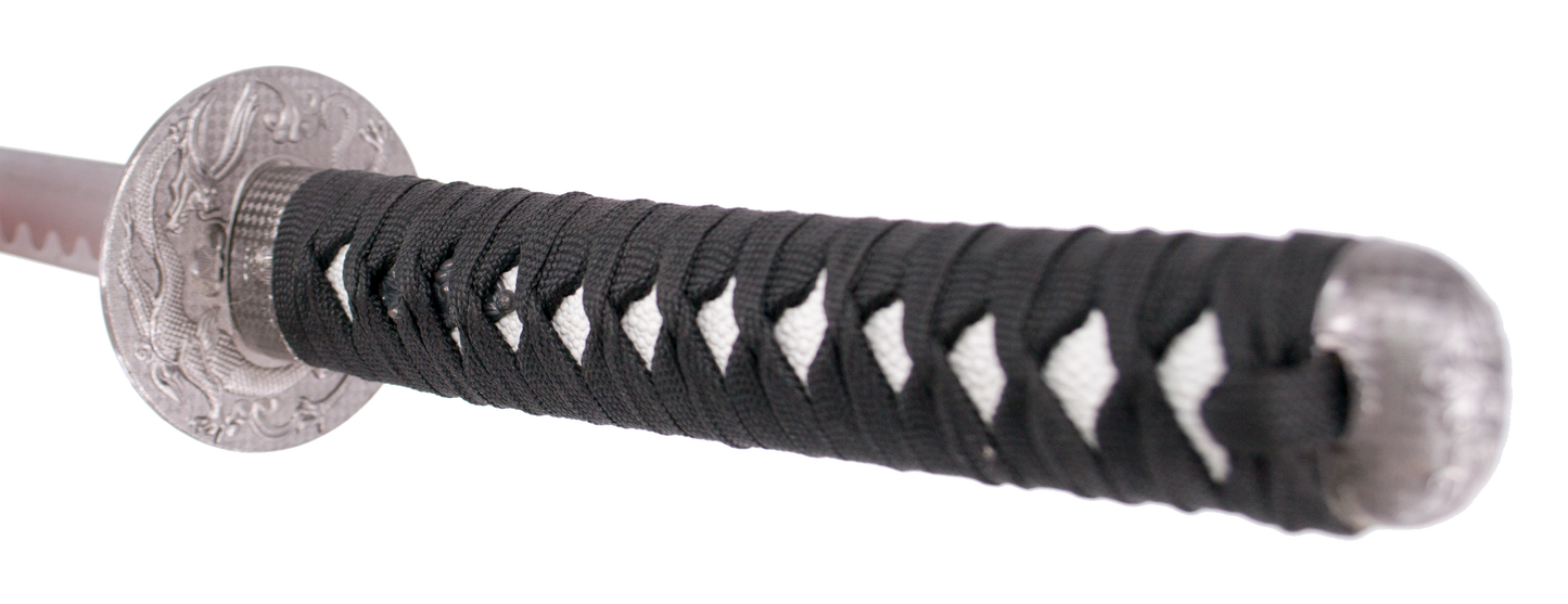 Wakisashi 11002M "Corage, Deber y Lealtad" el último samurai vaina negra con grabado "Corage, Deber y Lealtad" de 79 cm hoja de acero, mango con encordado negro, con soporte. Ref. 11002M