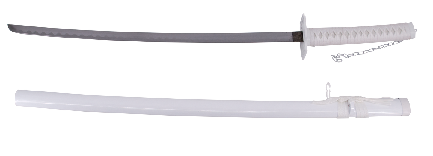 Katana 13473 Tensa Zagetsu Hollow de Bleach réplica no oficial de 116 cm hoja de acero, vaina blanca, mango encordado blanco. Ref. 13473