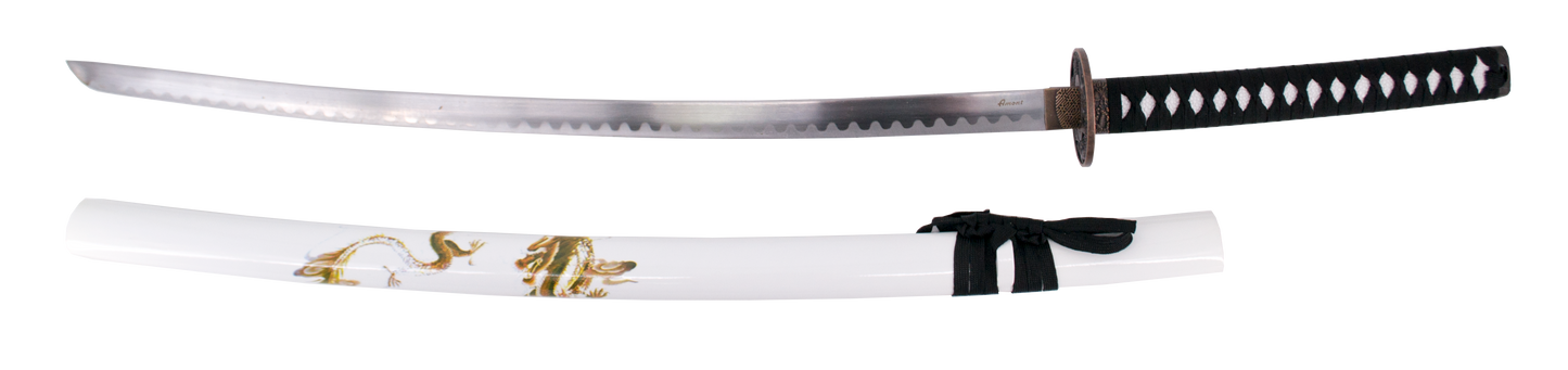 Katana 15343B de 102 cm hoja de acero, con vaina blanca con decoración de dragón, mango con encordado negro, con soporte. Ref. 15343B