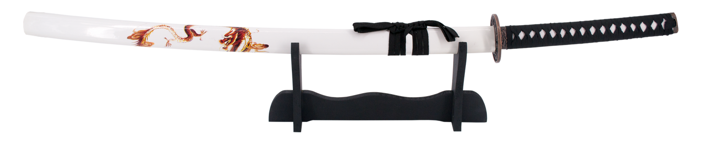 Katana 15343B de 102 cm hoja de acero, con vaina blanca con decoración de dragón, mango con encordado negro, con soporte. Ref. 15343B