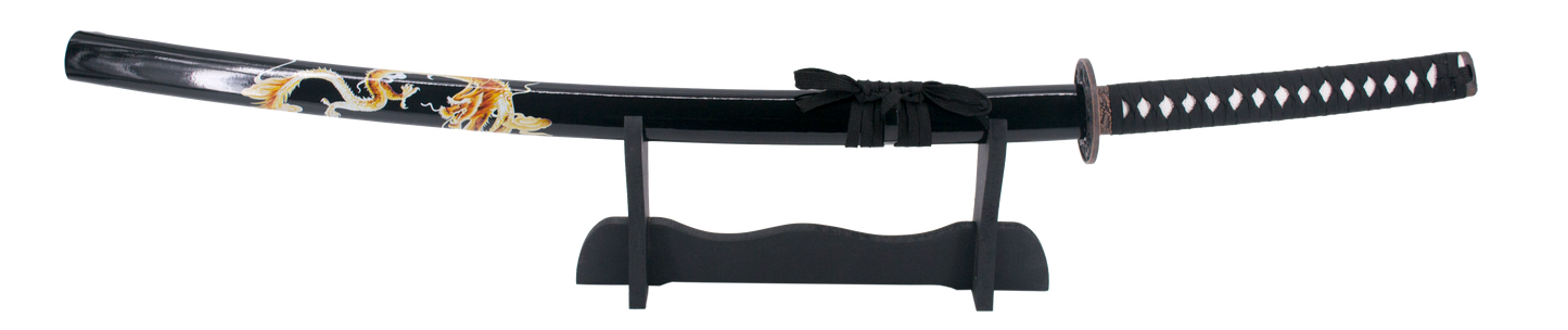 Katana 15343N de 102 cm hoja de acero, con vaina negra con decoración de dragón, mango con encordado negro, con soporte. Ref. 15343N
