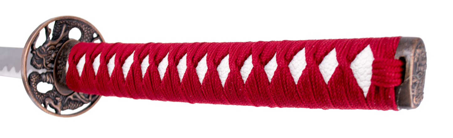 Katana 15343R de 102 cm hoja de acero, con vaina roja con decoración de dragón, mango con encordado rojo, con soporte. Ref. 15343R