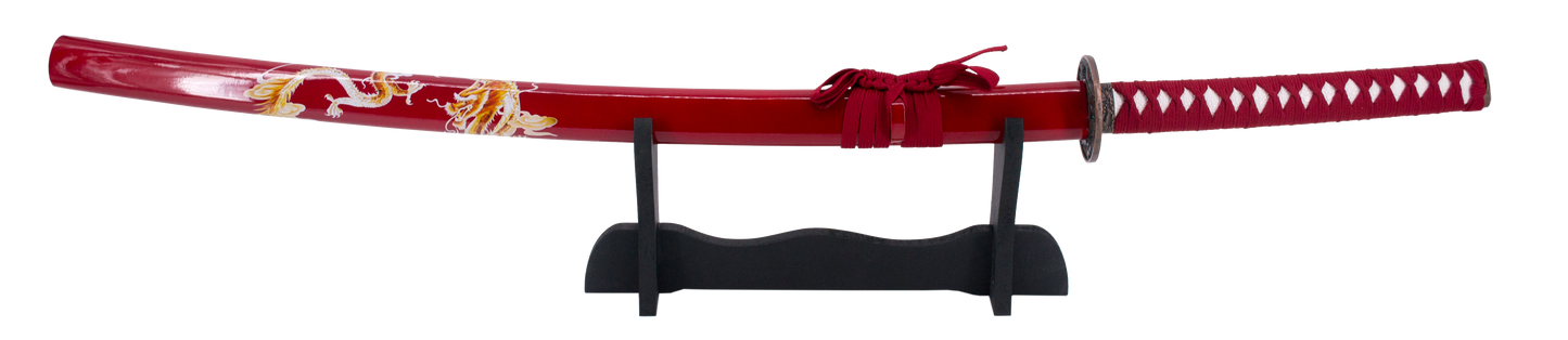 Katana 15343R de 102 cm hoja de acero, con vaina roja con decoración de dragón, mango con encordado rojo, con soporte. Ref. 15343R