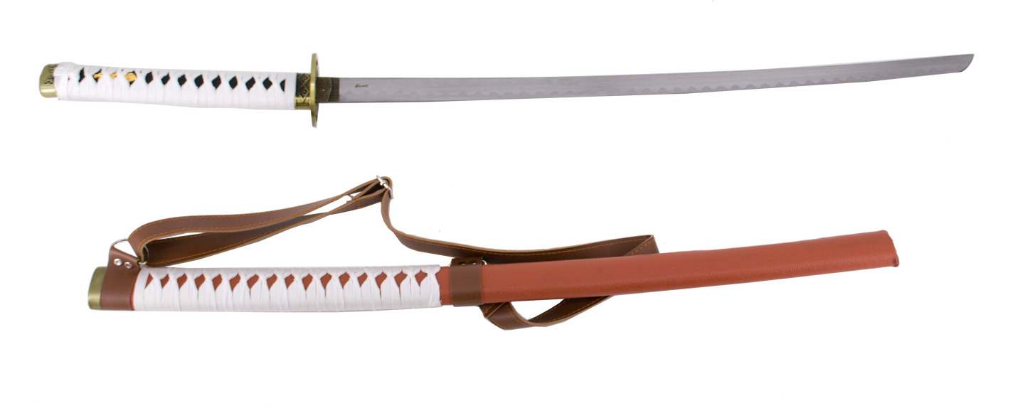 Katana 15963 de Michonne de Walking Dead réplica no oficial de 103 cm hoja de acero, vaina de curpiel marrón con encordado blanco y cinta para colgar en la espalda, mango encordado blanco. Ref. 15963