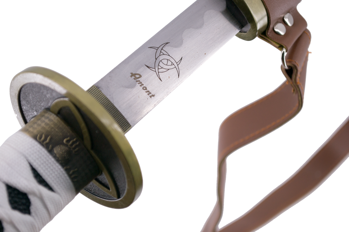 Katana 15963 de Michonne de Walking Dead réplica no oficial de 103 cm hoja de acero, vaina de curpiel marrón con encordado blanco y cinta para colgar en la espalda, mango encordado blanco. Ref. 15963