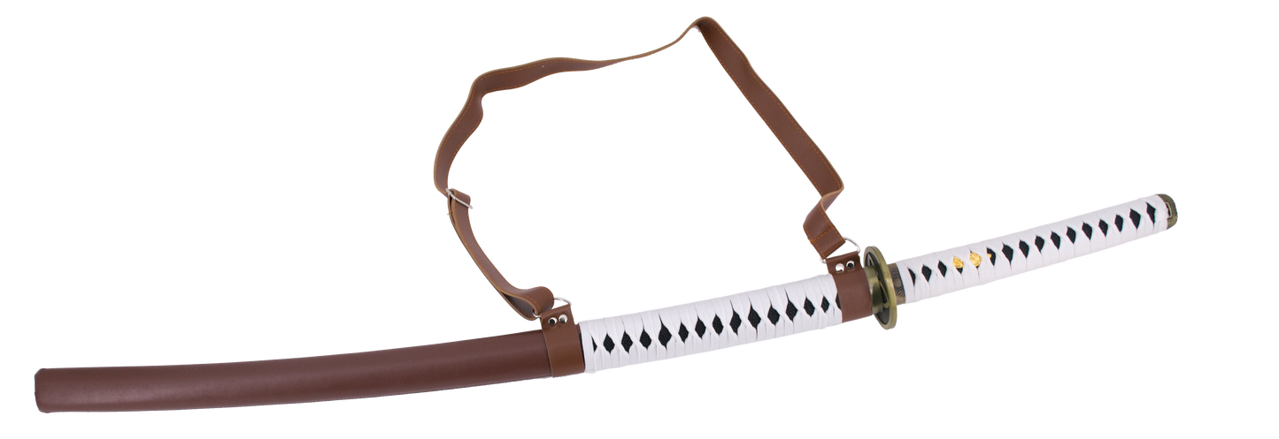 Katana 15963 de Michonne de Walking Dead réplica no oficial de 103 cm hoja de acero, vaina de curpiel marrón con encordado blanco y cinta para colgar en la espalda, mango encordado blanco. Ref. 15963