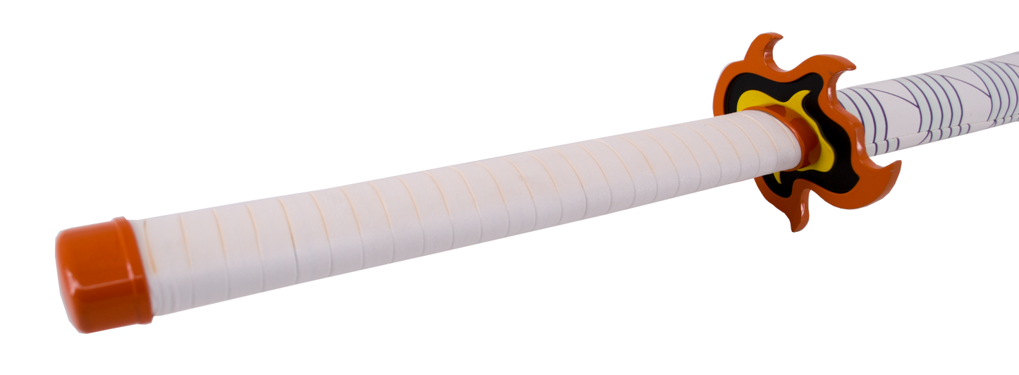 Katana S0245 de Demon Slayer empuñada por Rengoku Kyoujurou réplica no oficial de 101 cm hoja de acero, mango con encordado de polipiel blanca. Ref. S0245