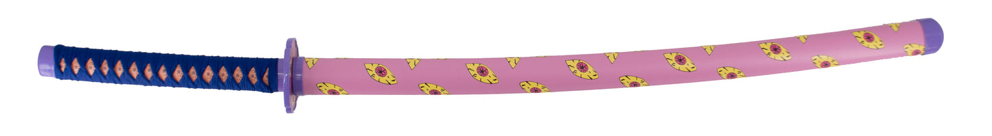 Katana S0259 de Demon Slayer Katana Kokushibou empuñada por Tsugikumi Michikatsu réplica no oficial de 101 cm hoja de acero decorada con rosa y ojos amarillos, mango con encordado lila, vaina rosa con ojos amarillos y detalles en lila. Ref. S0259