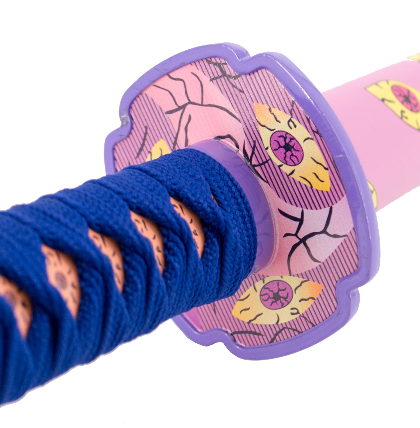 Katana S0259 de Demon Slayer Katana Kokushibou empuñada por Tsugikumi Michikatsu réplica no oficial de 101 cm hoja de acero decorada con rosa y ojos amarillos, mango con encordado lila, vaina rosa con ojos amarillos y detalles en lila. Ref. S0259