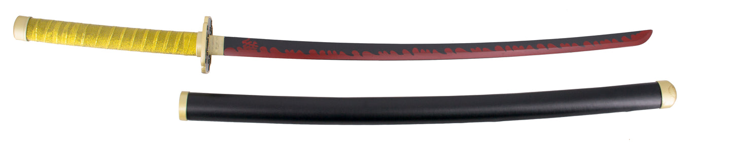 Katana S0260 de Demon Slayer empuñada por Yoriichi Tsugikuni réplica no oficial de 101 cm hoja de acero acabada en negro con corte en rojo, mango con amarillo, vaina negra