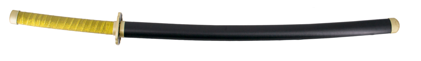 Katana S0260 de Demon Slayer empuñada por Yoriichi Tsugikuni réplica no oficial de 101 cm hoja de acero acabada en negro con corte en rojo, mango con amarillo, vaina negra