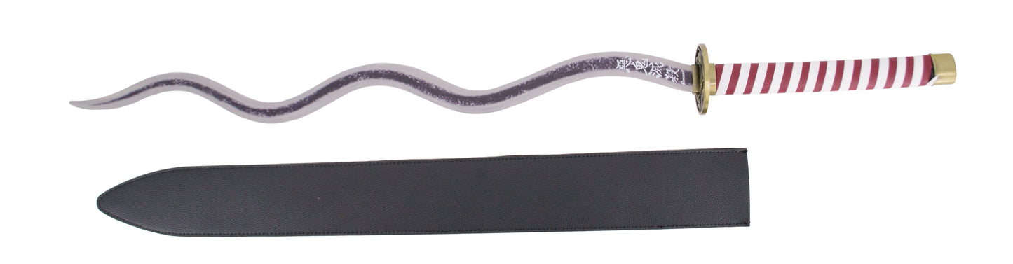 Katana S0278B de Demon Slayer empuñada por Obanai Iguro réplica no oficial de cm hoja de acero acabada en negro desgastado con corte en satinado, mango con encordado en granate y blanco de polipie