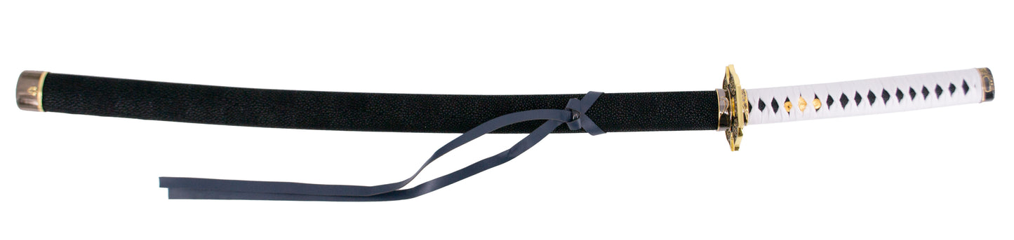 Katana S0314 de Vergil Yamato de Devil May Cry 5, réplica no oficial de 101 cm hoja de acero con imprimación en la hoja, vaina de madera forrada con piel negra, mango encordado blanco. Con soporte. Ref. S0314