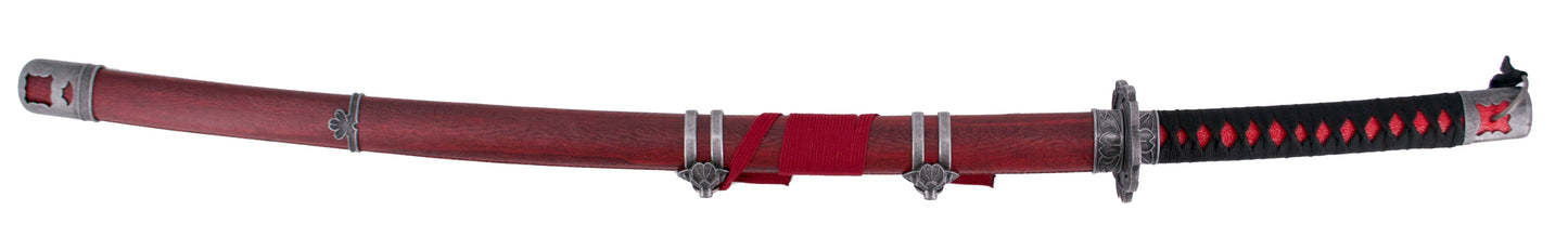 Katana S0315 del videojuedo Sekiro, réplica no oficial de 103 cm hoja de acero acabado en granate, vaina de madera roja, mango encordado negro. Con soporte. Ref. S0315
