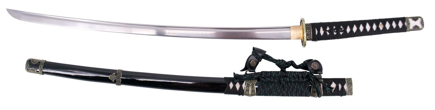 Katana Funcional S0328 de 104 cm hoja de acero, vaina de madera negra lacada con detalles metálicos, mango encordado negro. Con soporte. Ref. S0328