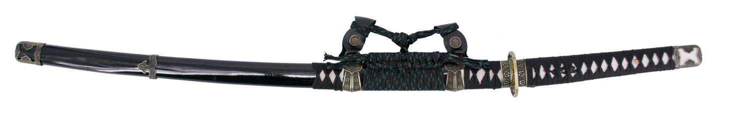 Katana Funcional S0328 de 104 cm hoja de acero, vaina de madera negra lacada con detalles metálicos, mango encordado negro. Con soporte. Ref. S0328