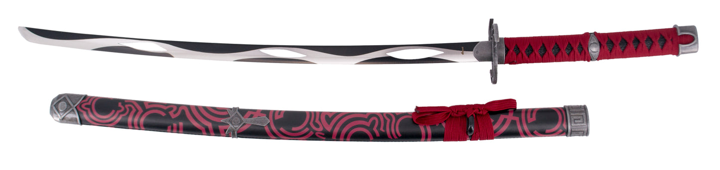 Katana S0344 del videojuedo The Legend of Zelda del clan Sheikah, réplica no oficial de 103 cm hoja de acero con agujeros y patrón en negro corte en satinado, vaina de polipiel negra con