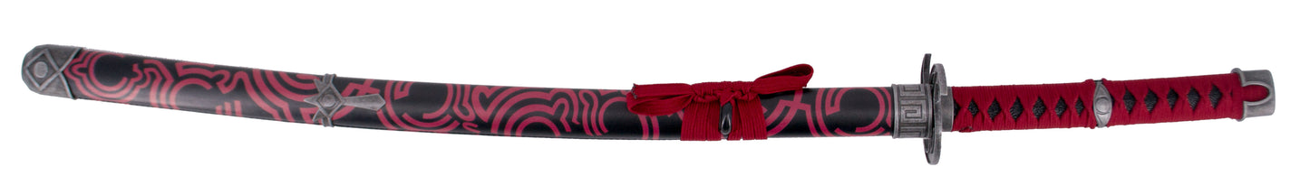 Katana S0344 del videojuedo The Legend of Zelda del clan Sheikah, réplica no oficial de 103 cm hoja de acero con agujeros y patrón en negro corte en satinado, vaina de polipiel negra con