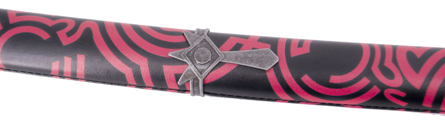 Katana S0344 del videojuedo The Legend of Zelda del clan Sheikah, réplica no oficial de 103 cm hoja de acero con agujeros y patrón en negro corte en satinado, vaina de polipiel negra con
