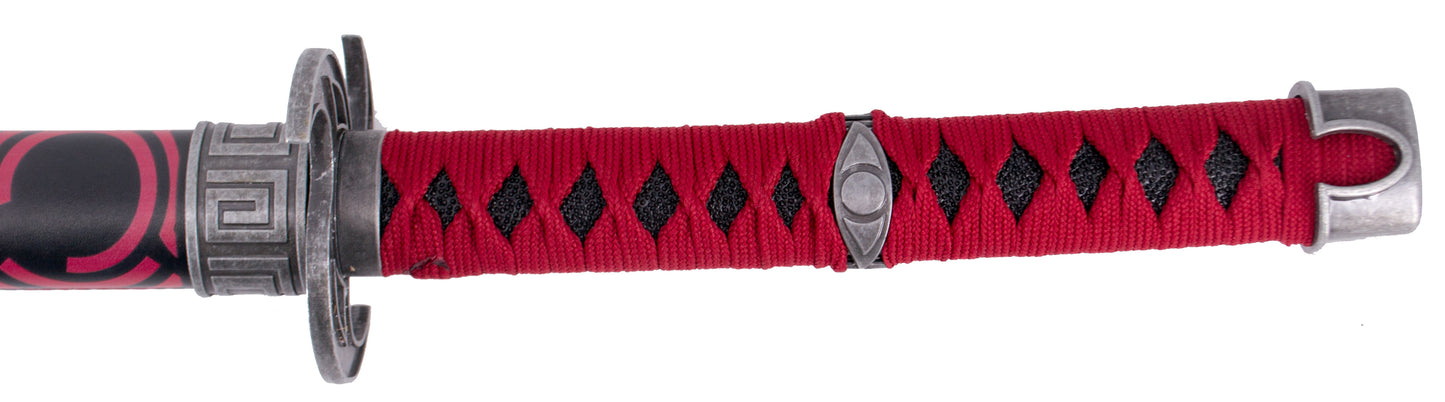 Katana S0344 del videojuedo The Legend of Zelda del clan Sheikah, réplica no oficial de 103 cm hoja de acero con agujeros y patrón en negro corte en satinado, vaina de polipiel negra con