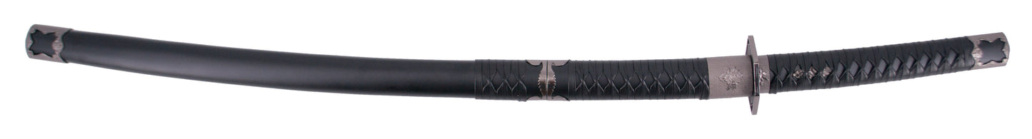 Katana S2022 de 102,5 cm hoja de acero con wakisashi, vaina de madera negra con detalles metálicos, mango encordado negro de polipiel. Con soporte. Ref. S2022