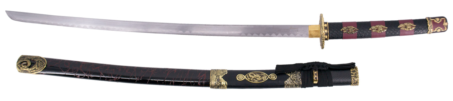 Katana S2024 de 101,5 cm hoja de acero, vaina de madera negra lacada con detalles rojos e imitación de piel de serpiente, mango con imitación de piel de sepriente negra