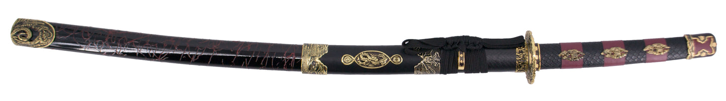 Katana S2024 de 101,5 cm hoja de acero, vaina de madera negra lacada con detalles rojos e imitación de piel de serpiente, mango con imitación de piel de sepriente negra