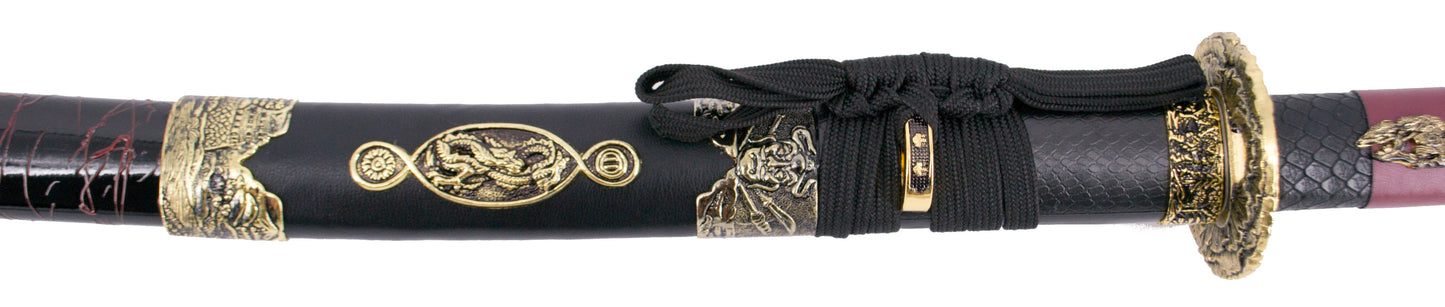 Katana S2024 de 101,5 cm hoja de acero, vaina de madera negra lacada con detalles rojos e imitación de piel de serpiente, mango con imitación de piel de sepriente negra