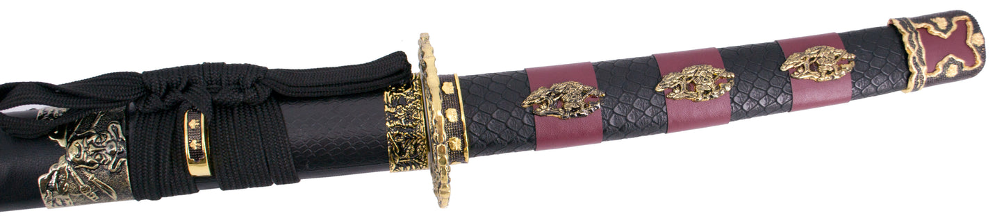 Katana S2024 de 101,5 cm hoja de acero, vaina de madera negra lacada con detalles rojos e imitación de piel de serpiente, mango con imitación de piel de sepriente negra