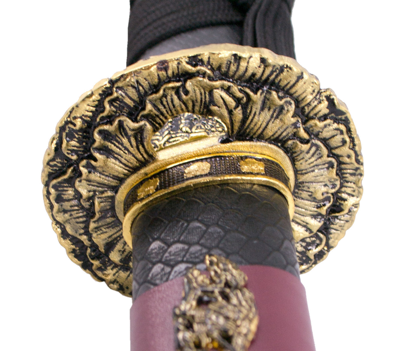 Katana S2024 de 101,5 cm hoja de acero, vaina de madera negra lacada con detalles rojos e imitación de piel de serpiente, mango con imitación de piel de sepriente negra