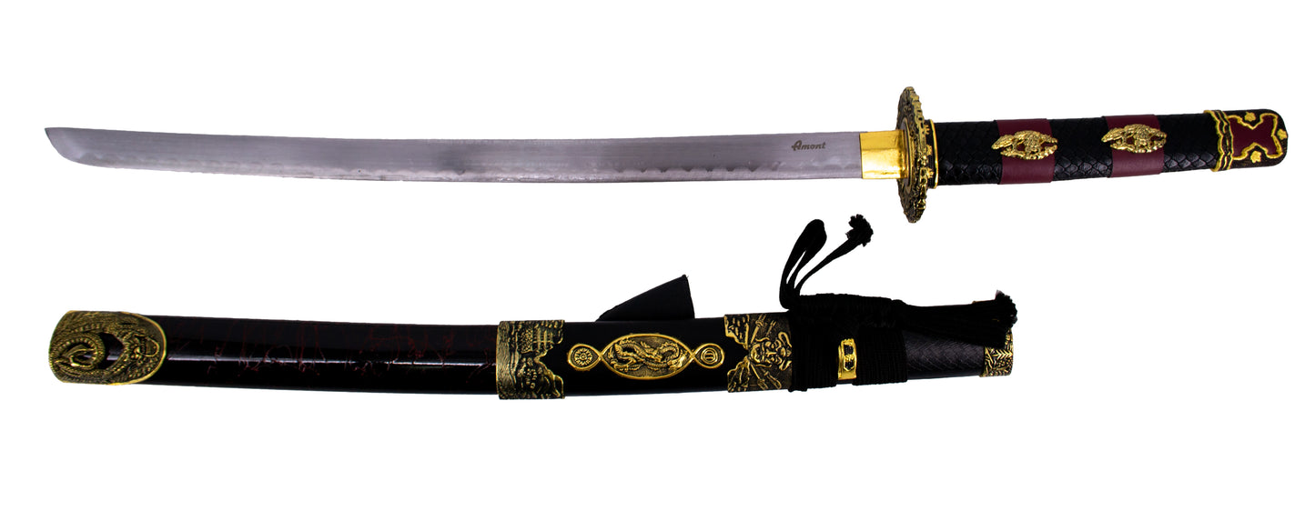 Katana S2024 de 101,5 cm hoja de acero, vaina de madera negra lacada con detalles rojos e imitación de piel de serpiente, mango con imitación de piel de sepriente negra