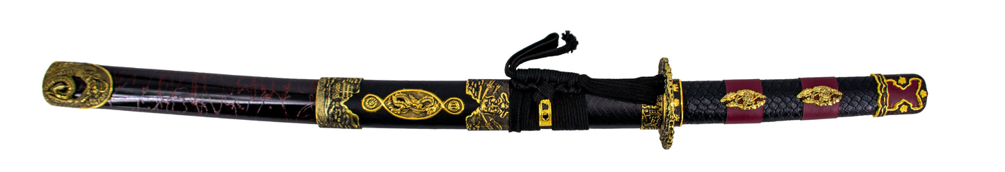Katana S2024 de 101,5 cm hoja de acero, vaina de madera negra lacada con detalles rojos e imitación de piel de serpiente, mango con imitación de piel de sepriente negra
