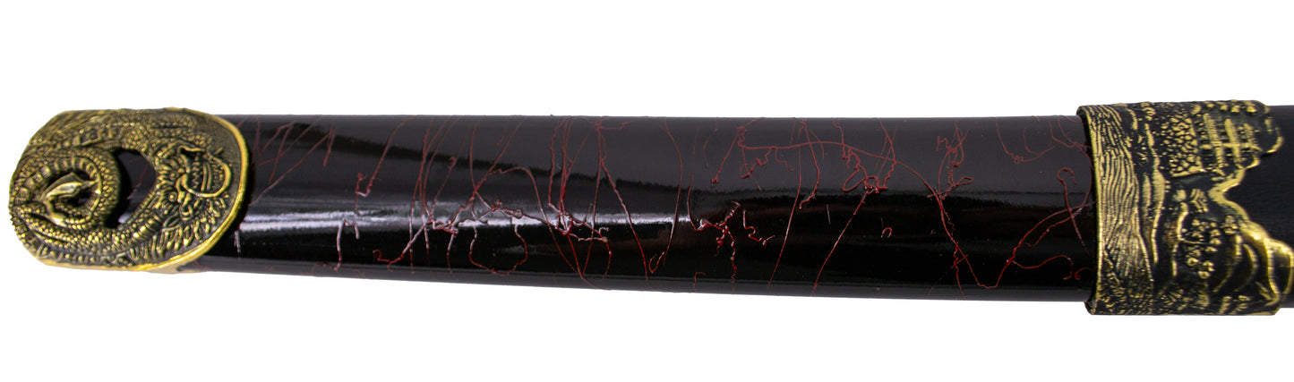 Katana S2024 de 101,5 cm hoja de acero, vaina de madera negra lacada con detalles rojos e imitación de piel de serpiente, mango con imitación de piel de sepriente negra