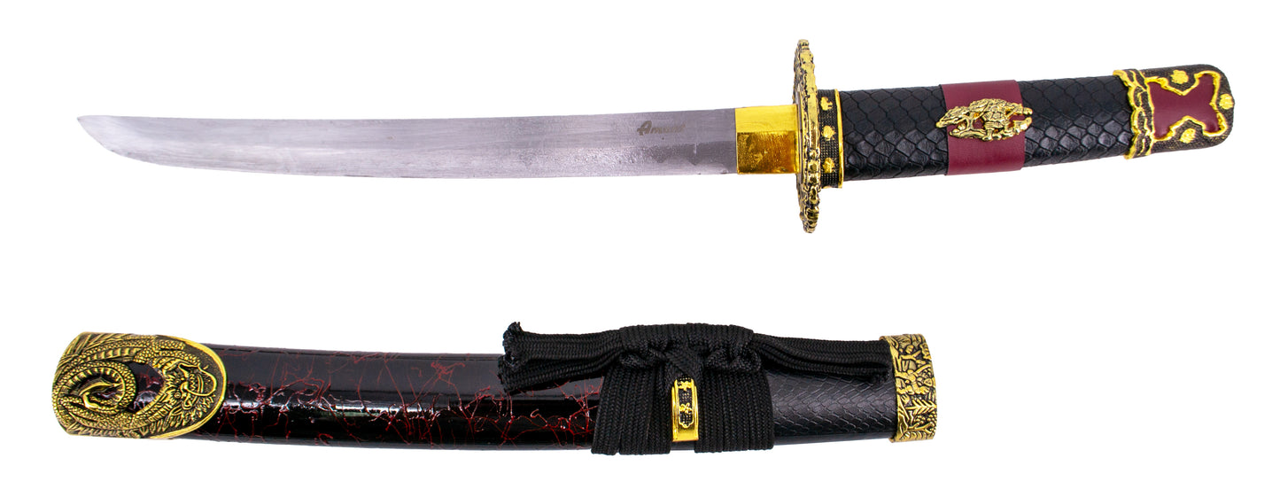 Katana S2024 de 101,5 cm hoja de acero, vaina de madera negra lacada con detalles rojos e imitación de piel de serpiente, mango con imitación de piel de sepriente negra
