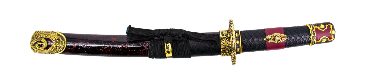 Katana S2024 de 101,5 cm hoja de acero, vaina de madera negra lacada con detalles rojos e imitación de piel de serpiente, mango con imitación de piel de sepriente negra