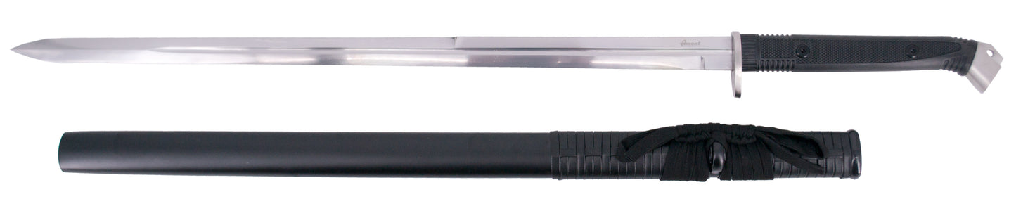 Katana Funcional S2026 de 102 cm hoja de acero al carbono 1065 con filo, con vaina negra y encordado negro, mango de plástico texturizado, con caja de madera