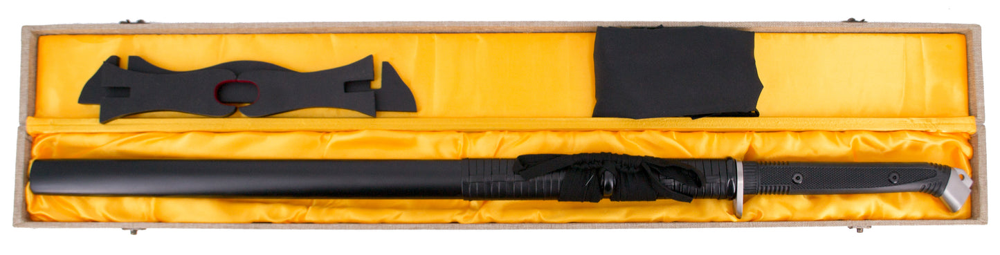 Katana Funcional S2026 de 102 cm hoja de acero al carbono 1065 con filo, con vaina negra y encordado negro, mango de plástico texturizado, con caja de madera