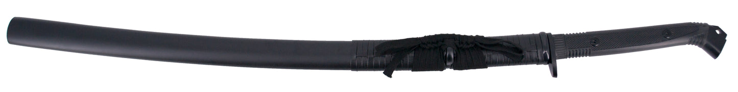 Katana Funcional S2027 de 102 cm hoja de acero al carbono 1065 con filo acabada en negro, con vaina negra y encordado negro, mango de plástico texturizado, con caja de madera